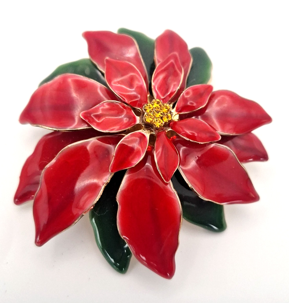 Vintage Red Enamel Poinsettia Brooch 2.5" Christmas Holiday Glam Elegant Pin